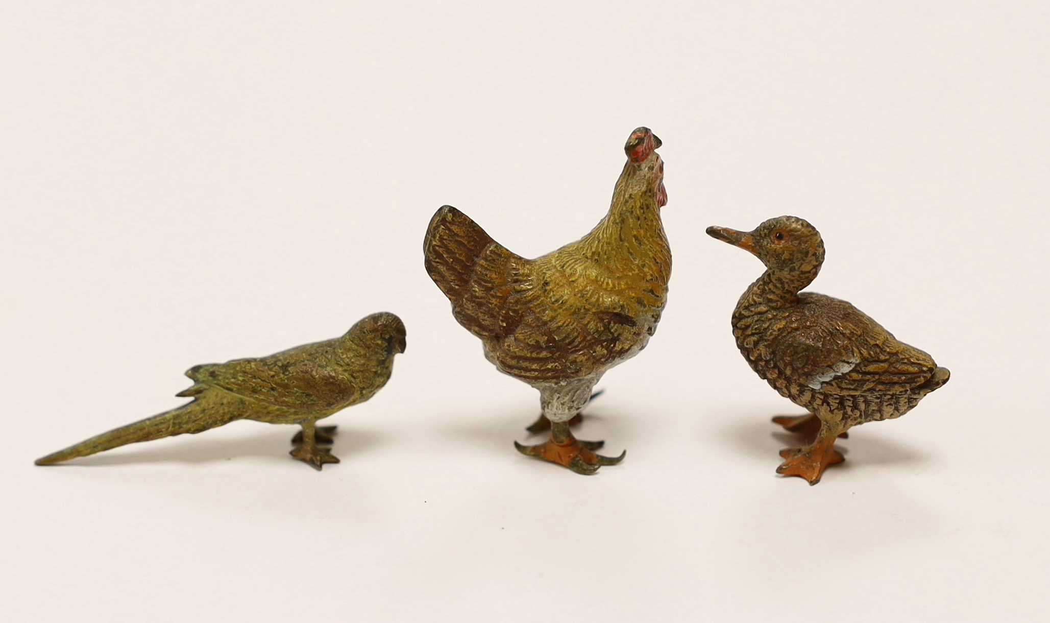 Three Austrian cold painted bronze models of a Duck, a Chicken and a Budgerigar, tallest 3.5cm